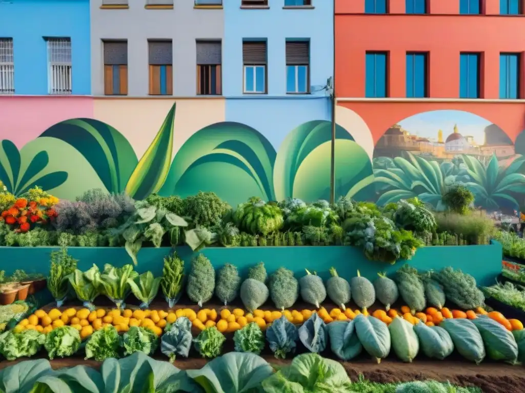 Un vibrante huerto urbano en Uruguay: diversidad de frutas y verduras en camas elevadas, rodeado de murales coloridos y edificios modernos