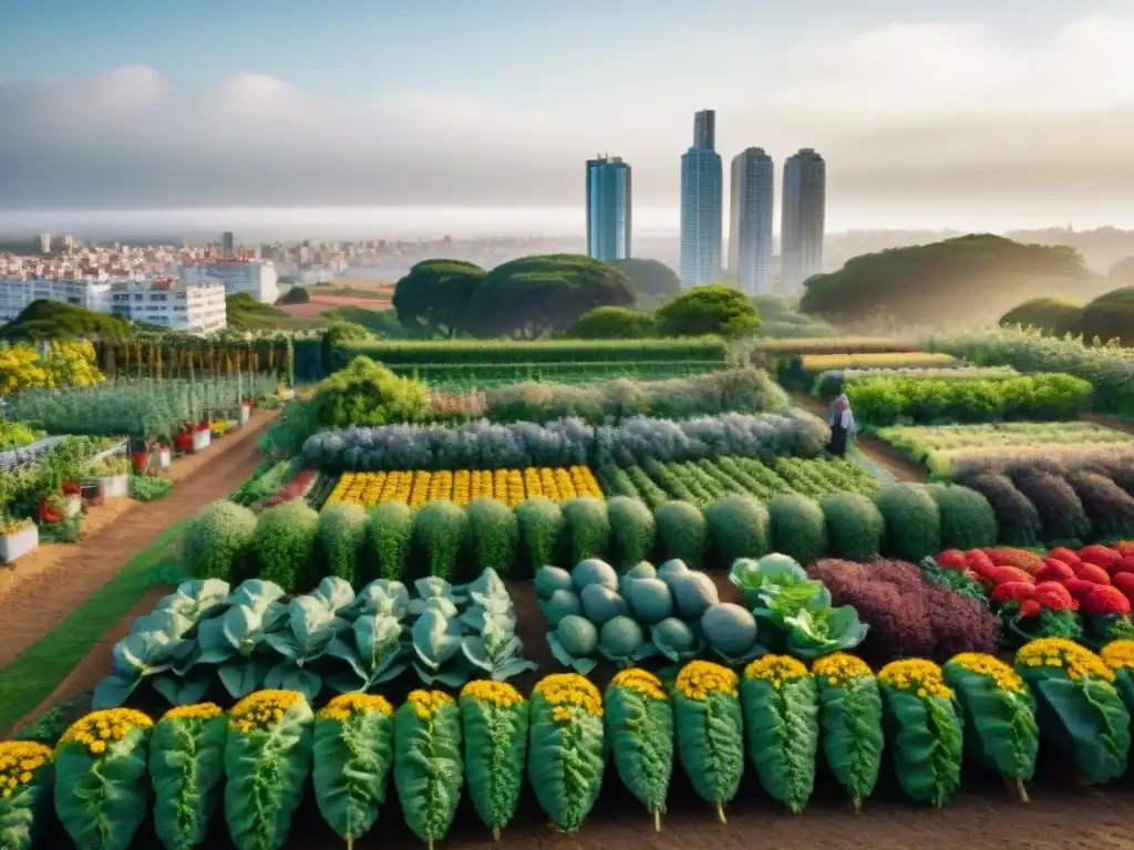 Un vibrante huerto urbano en Uruguay, donde frutas, verduras y flores coloridas crecen en armonía con la ciudad