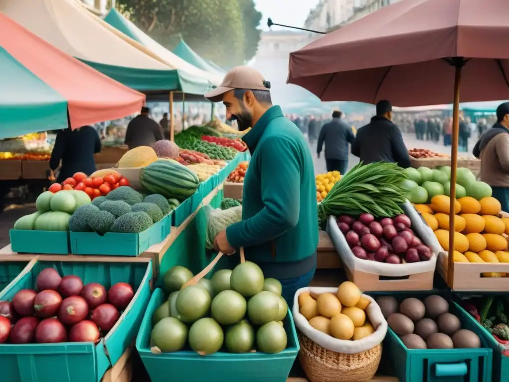 Un vibrante mercado de agricultores en Montevideo, Uruguay, reflejando la alimentación consciente y hábitos de consumo sostenibles