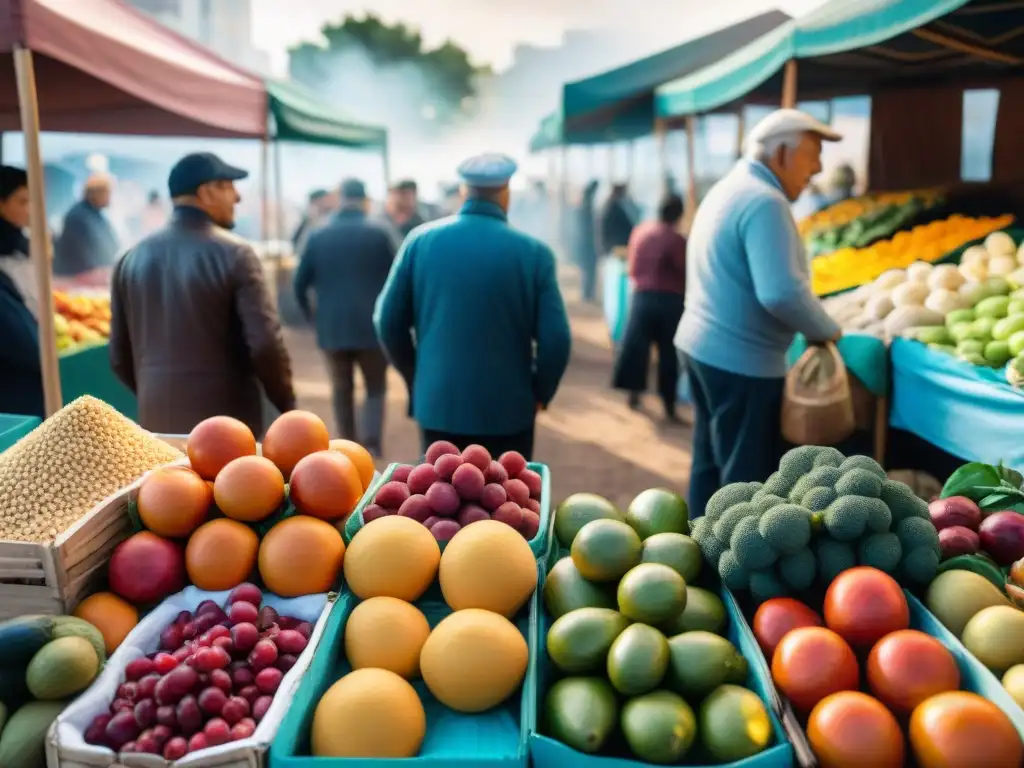 Vibrante mercado de agricultores en Uruguay con una dieta uruguaya saludable después 60 en primer plano: dulce de leche, chivito y mate