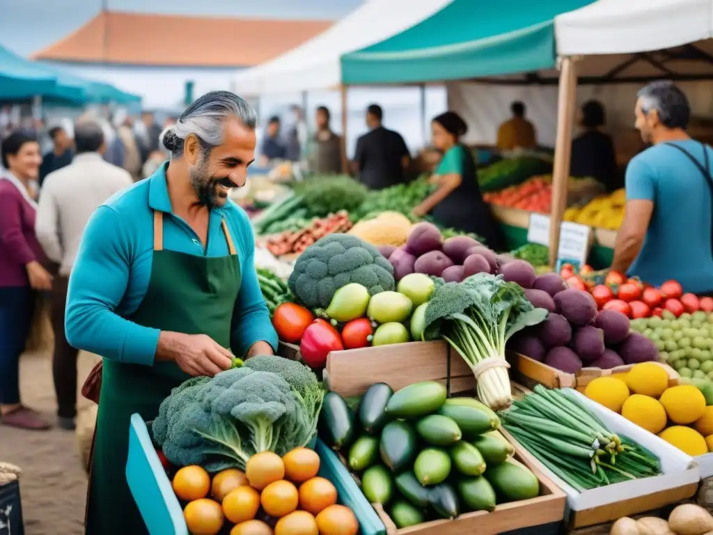 Un vibrante mercado de agricultores en Montevideo, Uruguay, reflejando la esencia de la comunidad y la alimentación basada en plantas