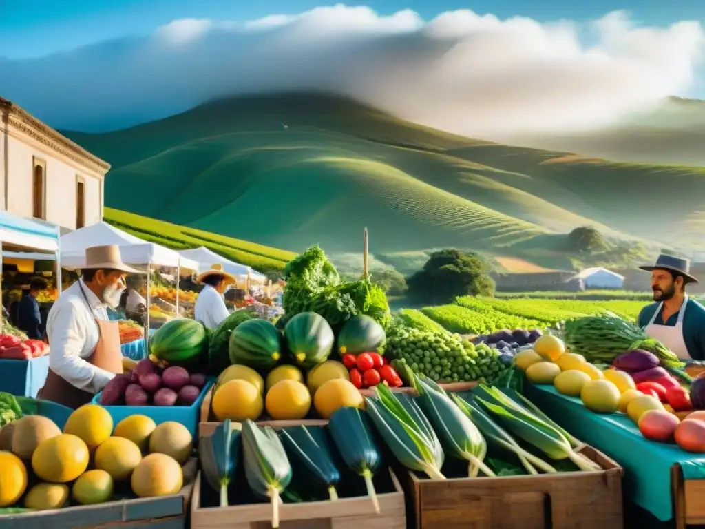 Un vibrante mercado de agricultores en Uruguay, reflejando la esencia de la gastronomía sostenible en el país