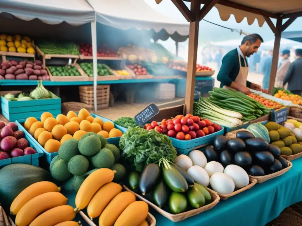 Un vibrante mercado de agricultores en Uruguay, con frutas y verduras coloridas, creando una atmósfera de turismo gastronómico saludable en Uruguay