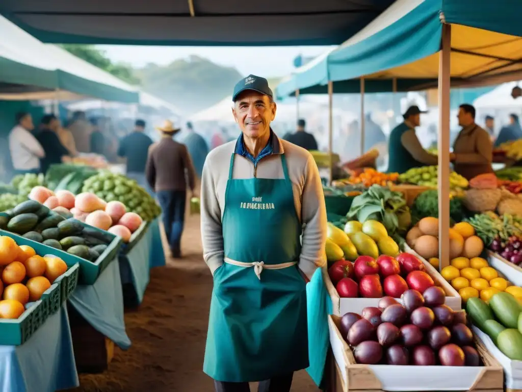 Fotografía vibrante de un mercado de agricultores en Uruguay con frutas y verduras frescas