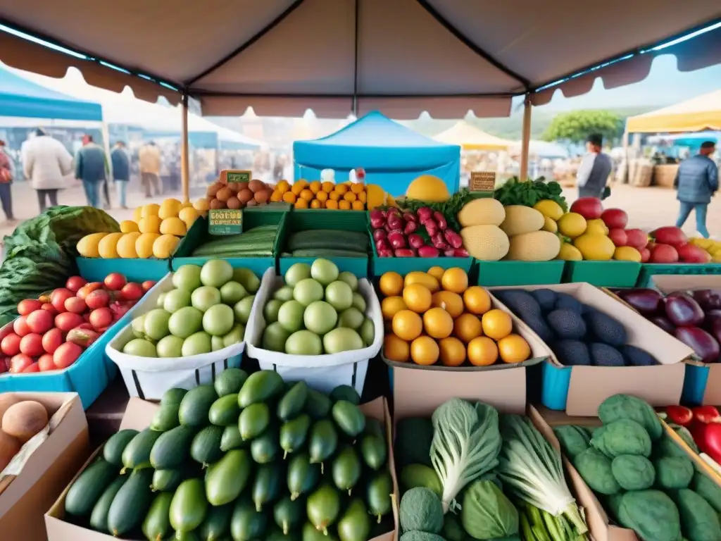 Un vibrante mercado de agricultores en Uruguay, con frutas y verduras frescas, reflejando la abundancia de opciones saludables