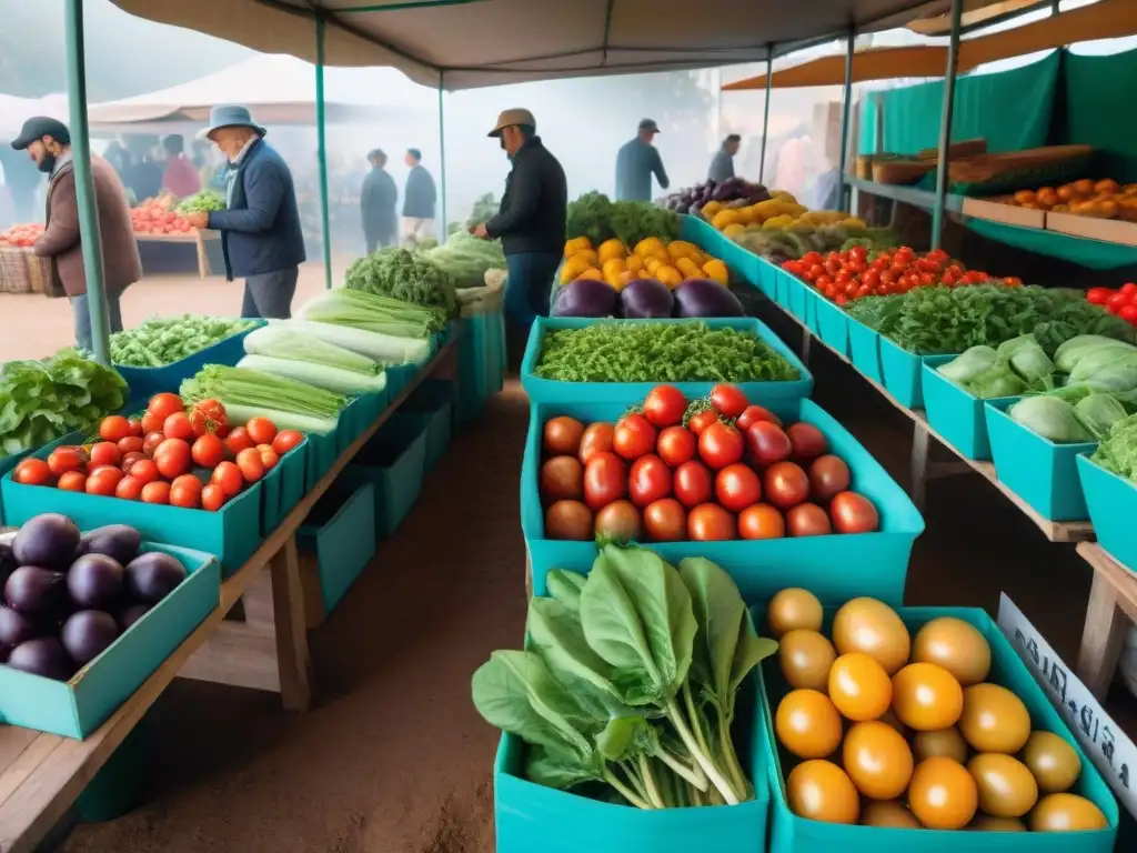 Un vibrante mercado de agricultores en Uruguay, lleno de verduras de temporada