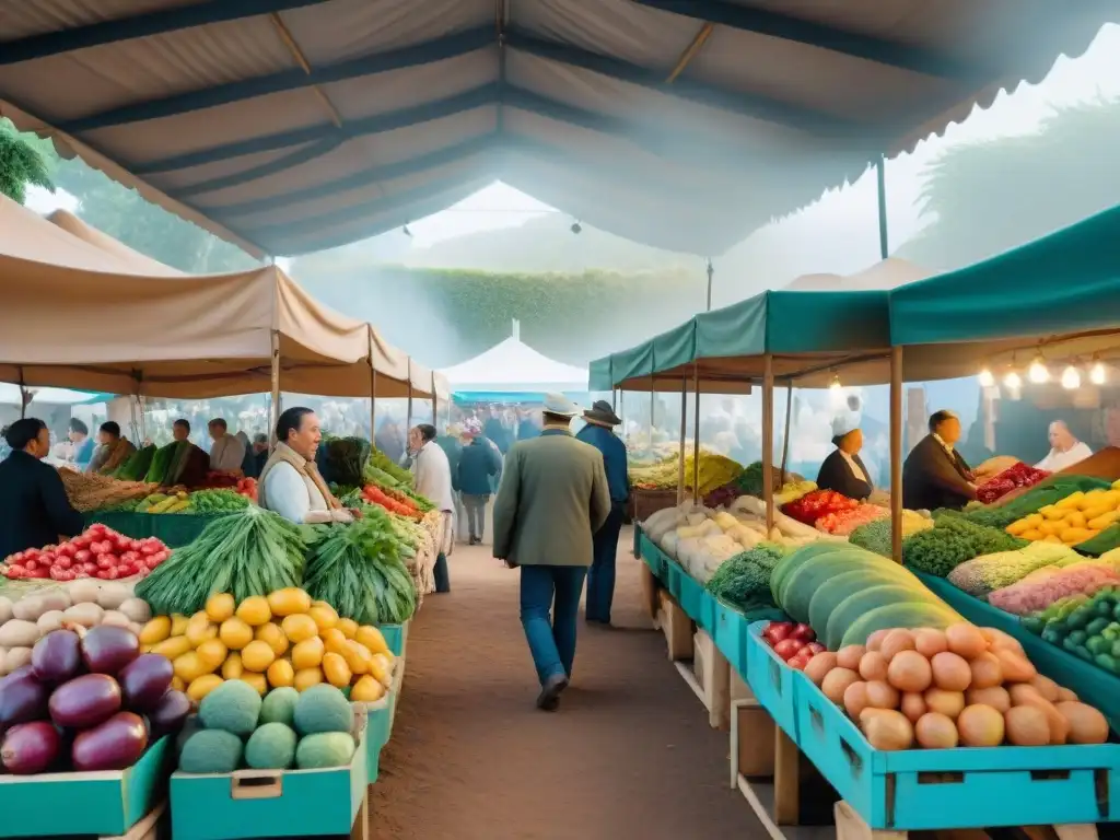 Un vibrante mercado de agricultores en Uruguay, lleno de productos frescos y coloridos