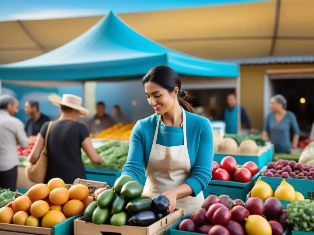 Un vibrante mercado de agricultores en Uruguay, mostrando productos frescos y coloridos en un ambiente sostenible