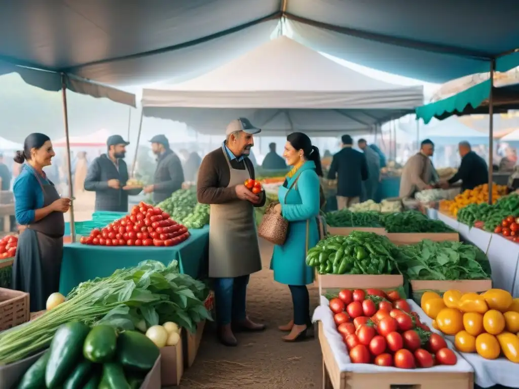 Vibrante mercado de agricultores en Uruguay, con productos frescos y coloridos