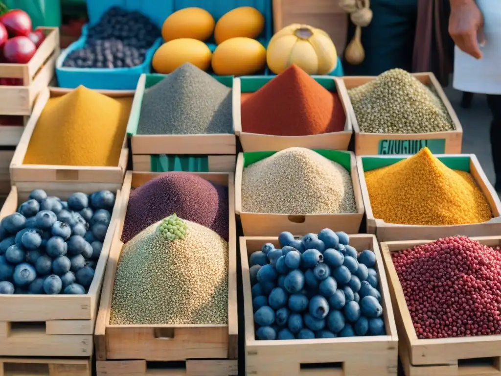 Un vibrante mercado de agricultores en Uruguay, resaltando superalimentos locales en cajas de madera bajo el cálido sol