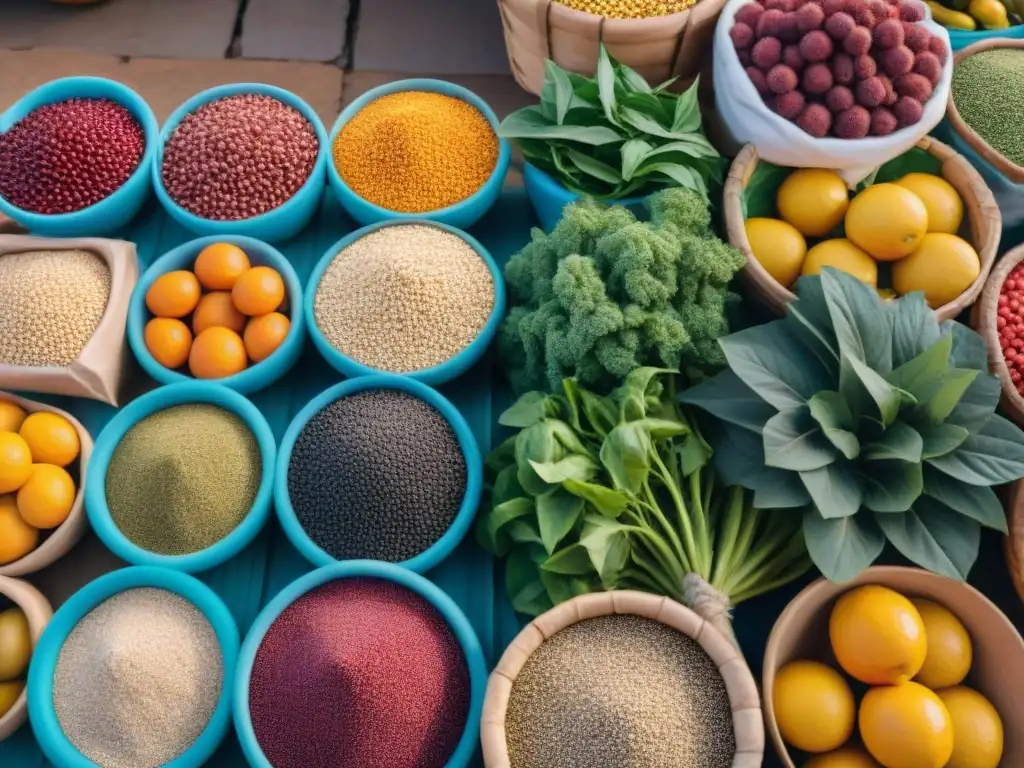 Un vibrante mercado de agricultores en Uruguay, mostrando superalimentos locales coloridos bajo el cálido sol