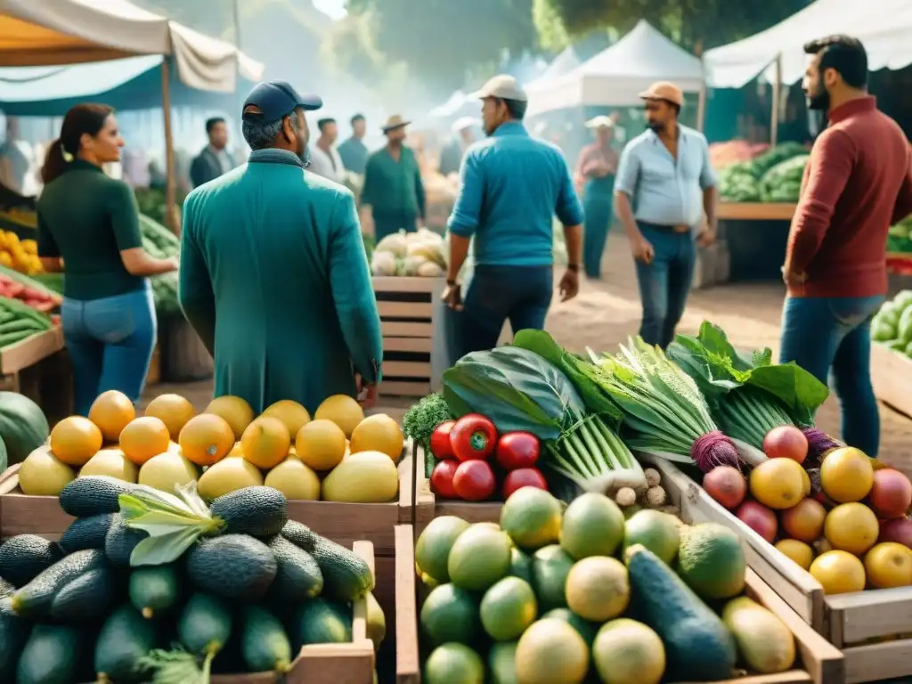 Un vibrante mercado de agricultores uruguayo rebosante de frutas y verduras de estación, escena comunitaria bajo el cielo soleado de Uruguay