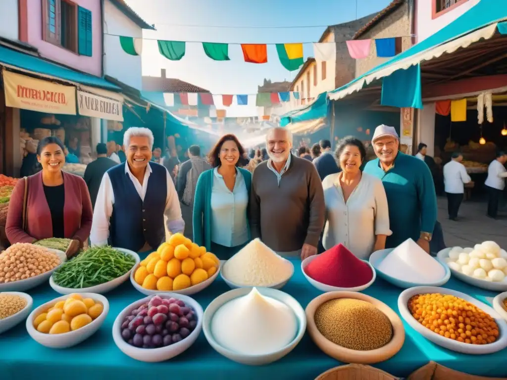 Un vibrante mercado al aire libre en Uruguay con personas de todas las edades y orígenes disfrutando de alimentos probióticos