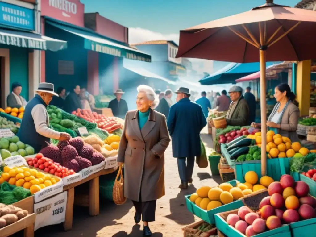 Un vibrante mercado en Uruguay con alimentos y conversaciones, reflejo de la dieta uruguaya saludable después de los 60