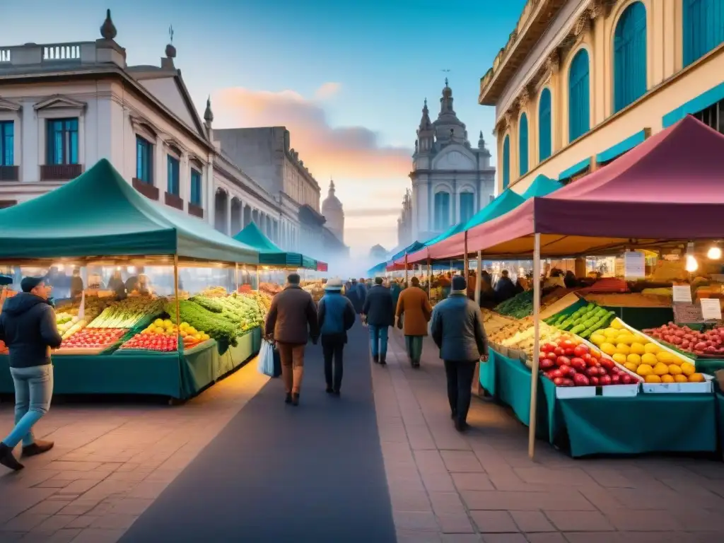 Vibrante mercado en Montevideo con frutas frescas, verduras y productos locales