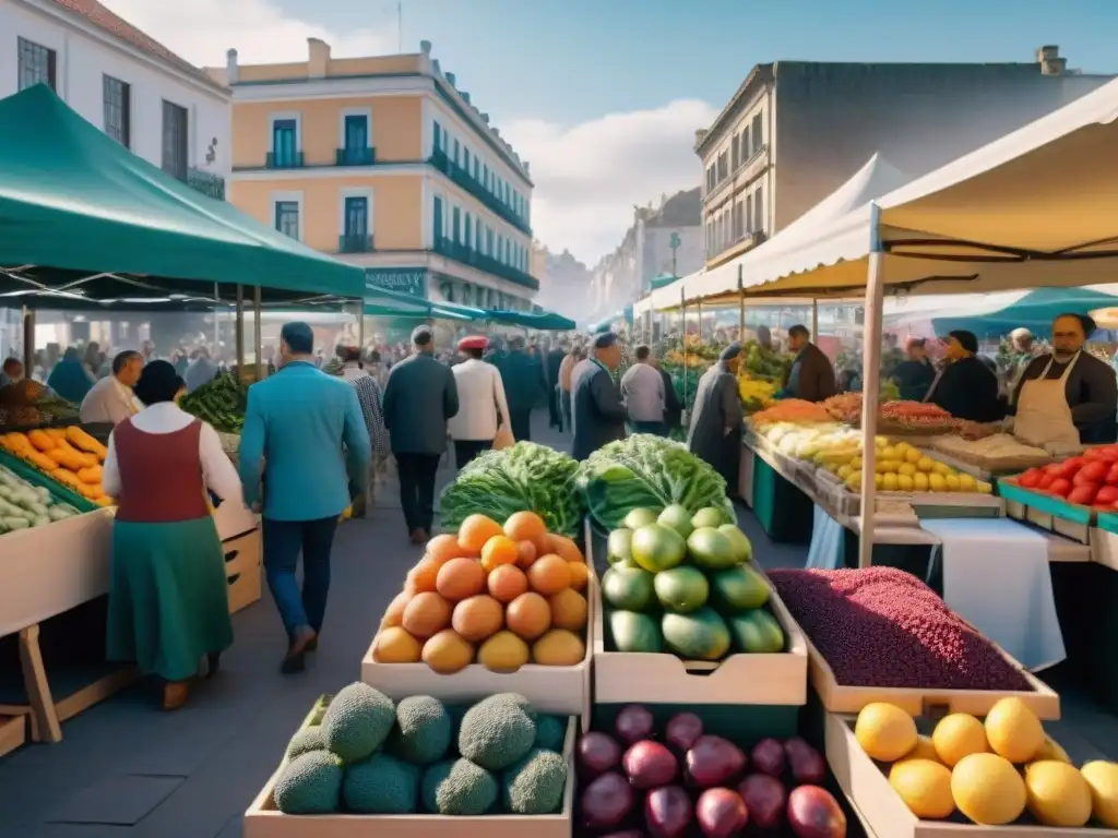 Vibrante mercado en Montevideo con frutas frescas, verduras y textiles uruguayos