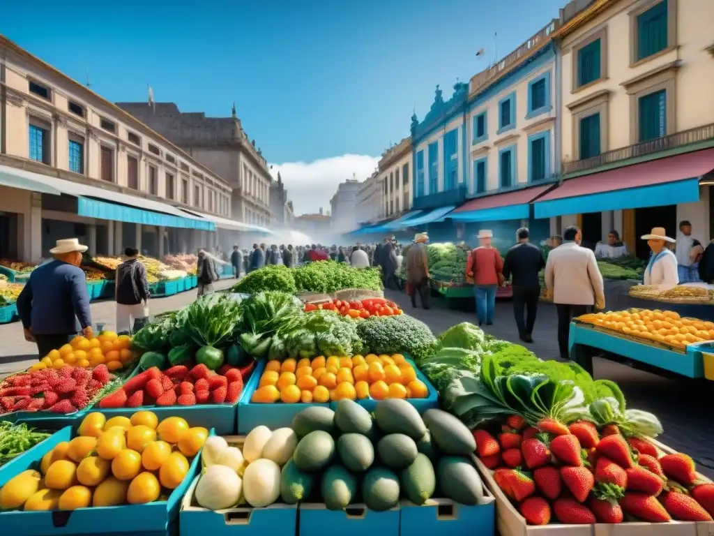 Un vibrante mercado en Montevideo con frutas frescas y verduras