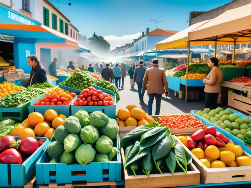 Vibrante mercado en Uruguay con frutas y verduras, Vitaminas para bienestar emocional Uruguay