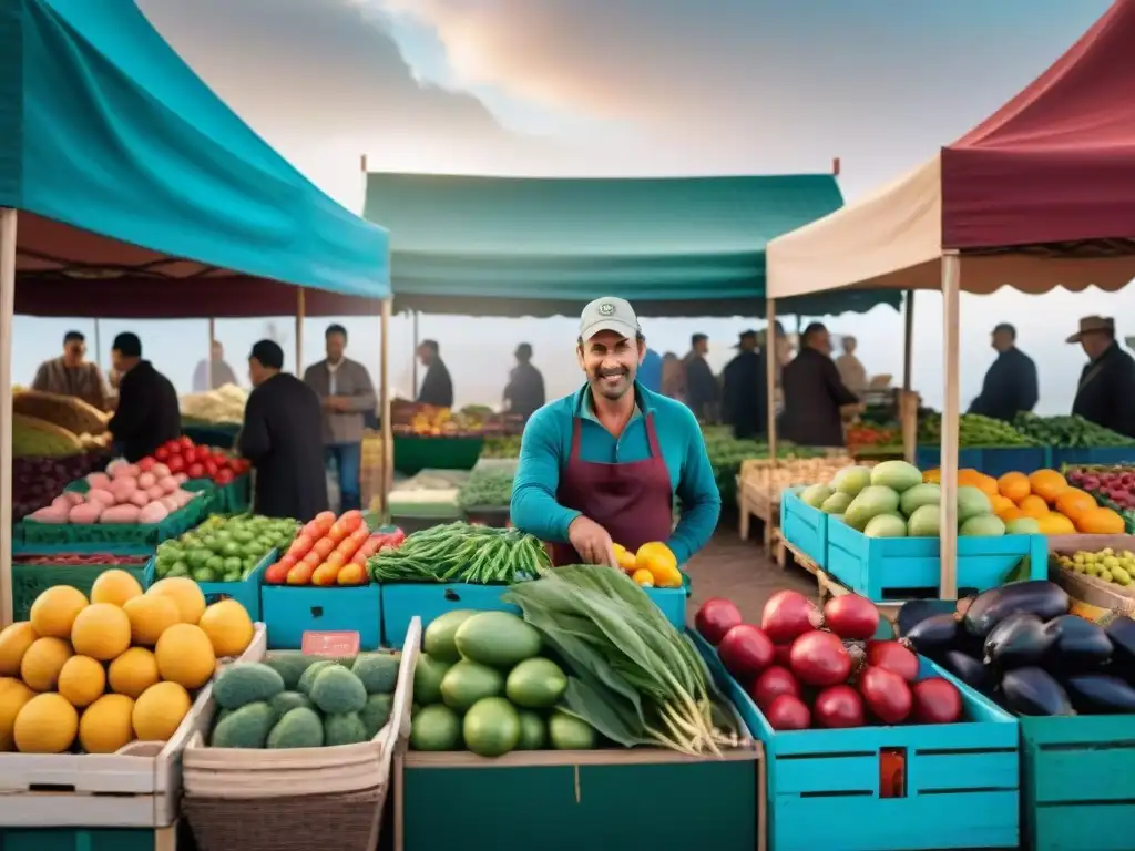 Un vibrante mercado en Uruguay con frutas y verduras coloridas, resaltando la nutrición y bienestar emocional en Uruguay