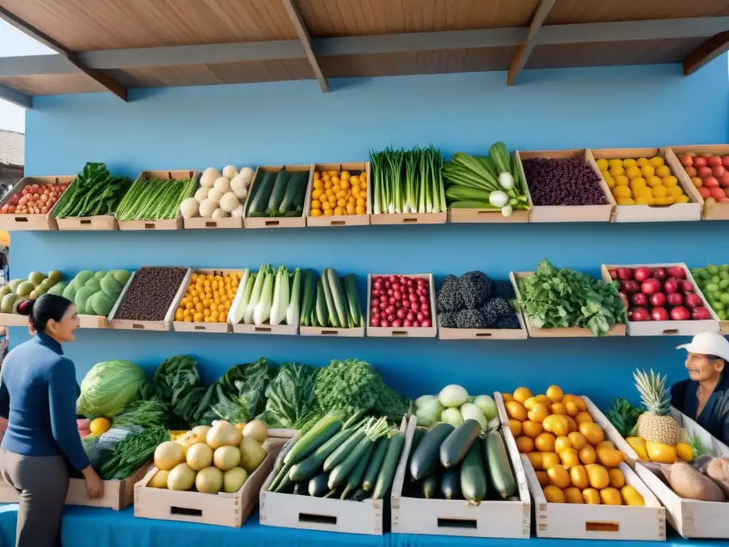 Un vibrante mercado en Uruguay con frutas y verduras coloridas, clientes de todas las edades en un ambiente comunitario y saludable