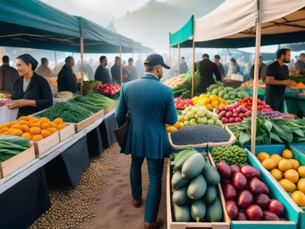 Un vibrante mercado en Uruguay con frutas, verduras y proteínas vegetales frescas