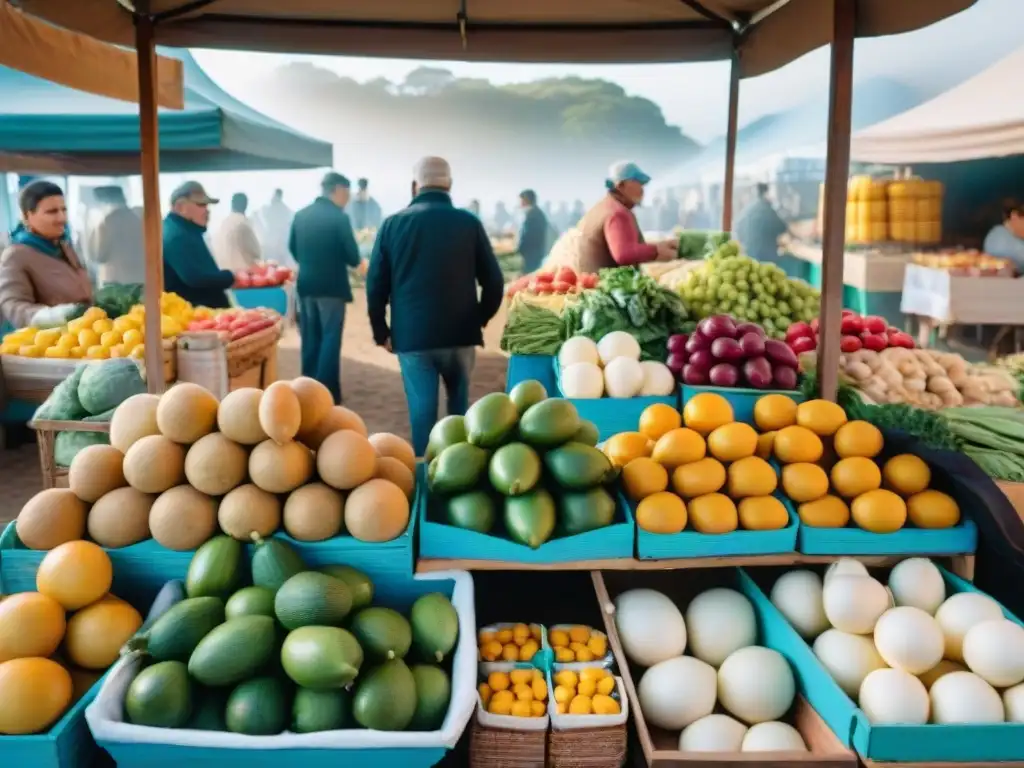 Un vibrante mercado en Uruguay, con frutas y verduras coloridas, productos lácteos locales y una atmósfera acogedora