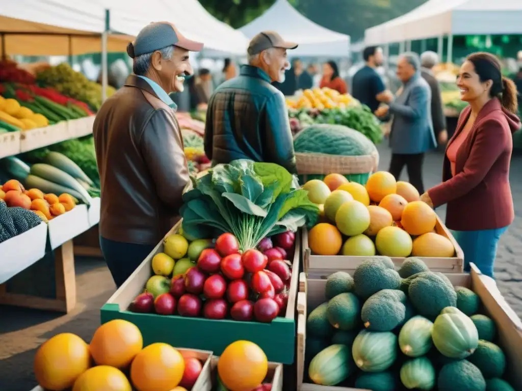 Un vibrante mercado con gente diversa comprando frutas y verduras frescas en Uruguay, creando una atmósfera de bienestar integral