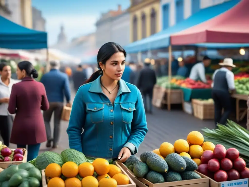 Vibrante mercado en Montevideo, Uruguay, con locales y productos frescos