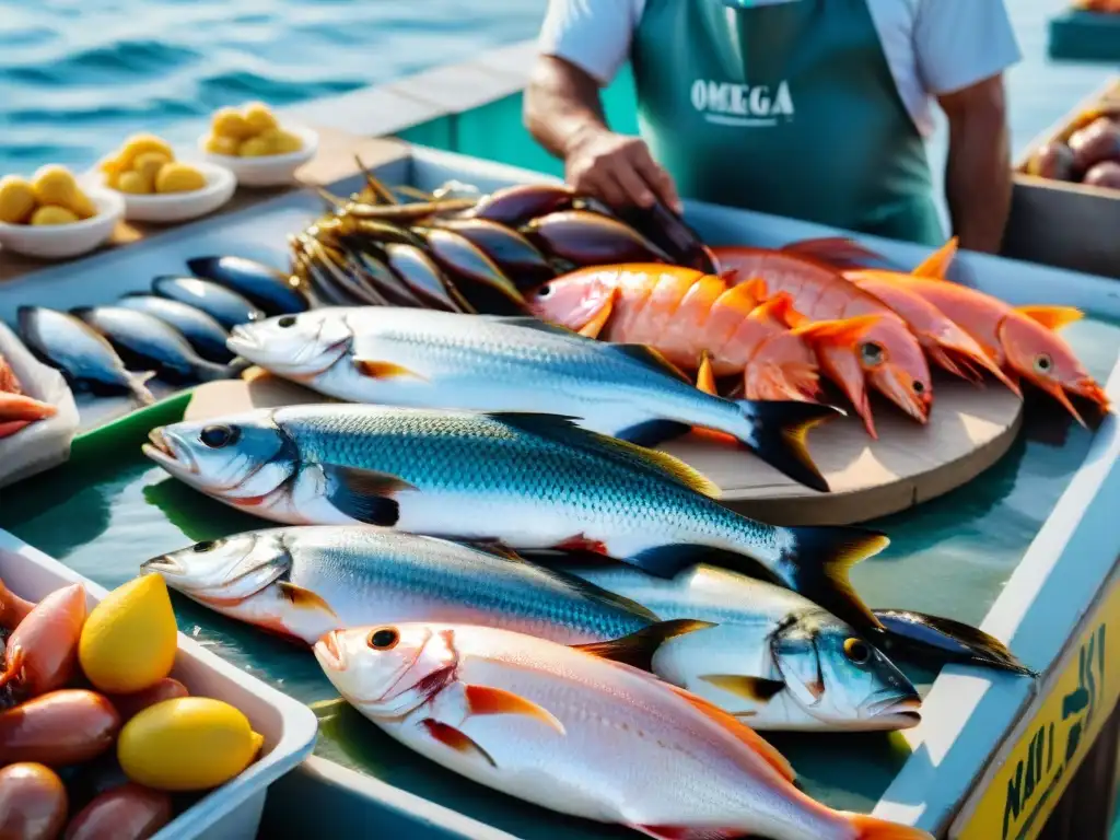 Vibrante mercado de pescado en Uruguay, destacando los beneficios Omega 3