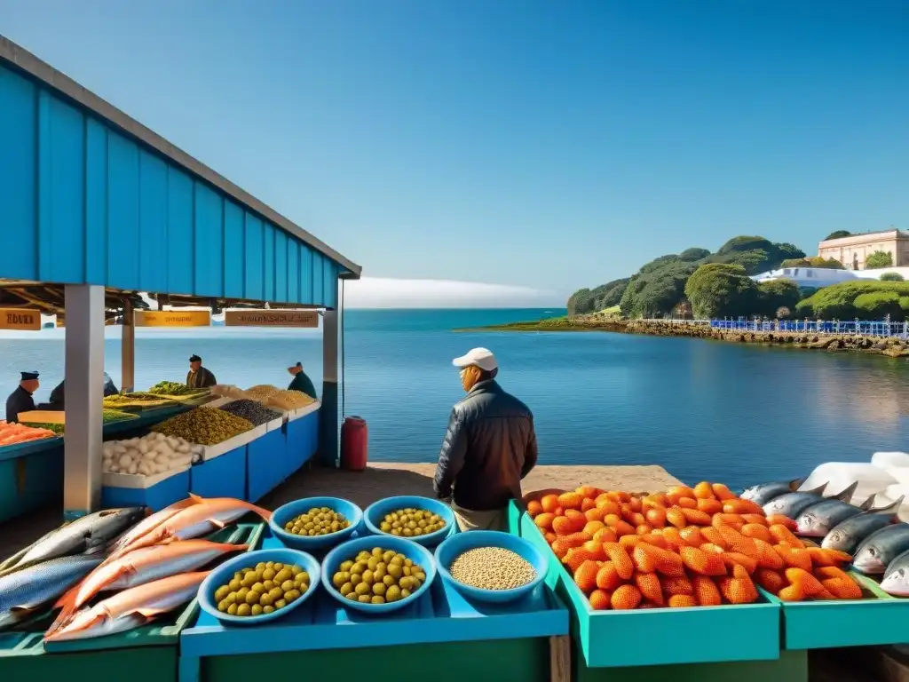 Vibrante mercado de pescado en Uruguay con pescados ricos en Omega 3 y arquitectura tradicional