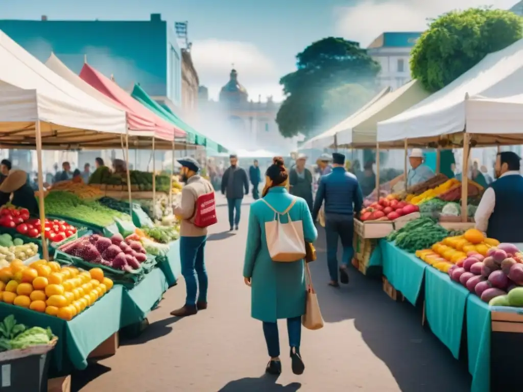 Un vibrante mercado en Montevideo con productos frescos y coloridos, personas sonrientes y bolsas ecológicas