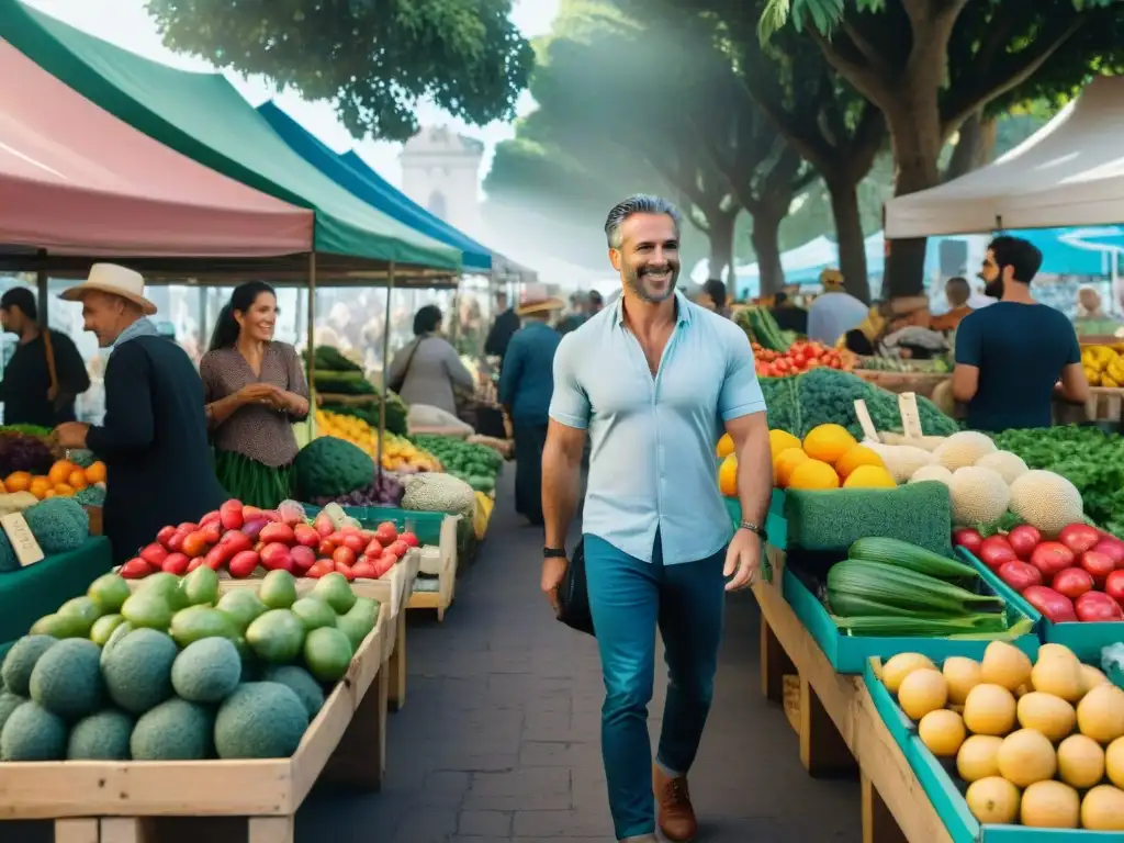 Un vibrante mercado vegano en Montevideo, Uruguay, con productos frescos y coloridos que capturan la esencia de la comunidad vegana