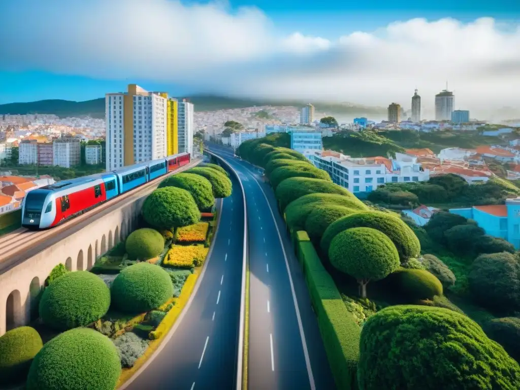 Una ilustración vibrante y moderna de una ciudad bulliciosa en Uruguay, con cielos azules y vegetación exuberante, simbolizando el impacto positivo de los programas de salud pública en la calidad del aire y agua