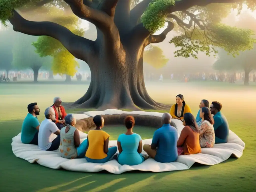 Ilustración vibrante y moderna de mediación comunitaria para resolver conflictos bajo un árbol en el parque