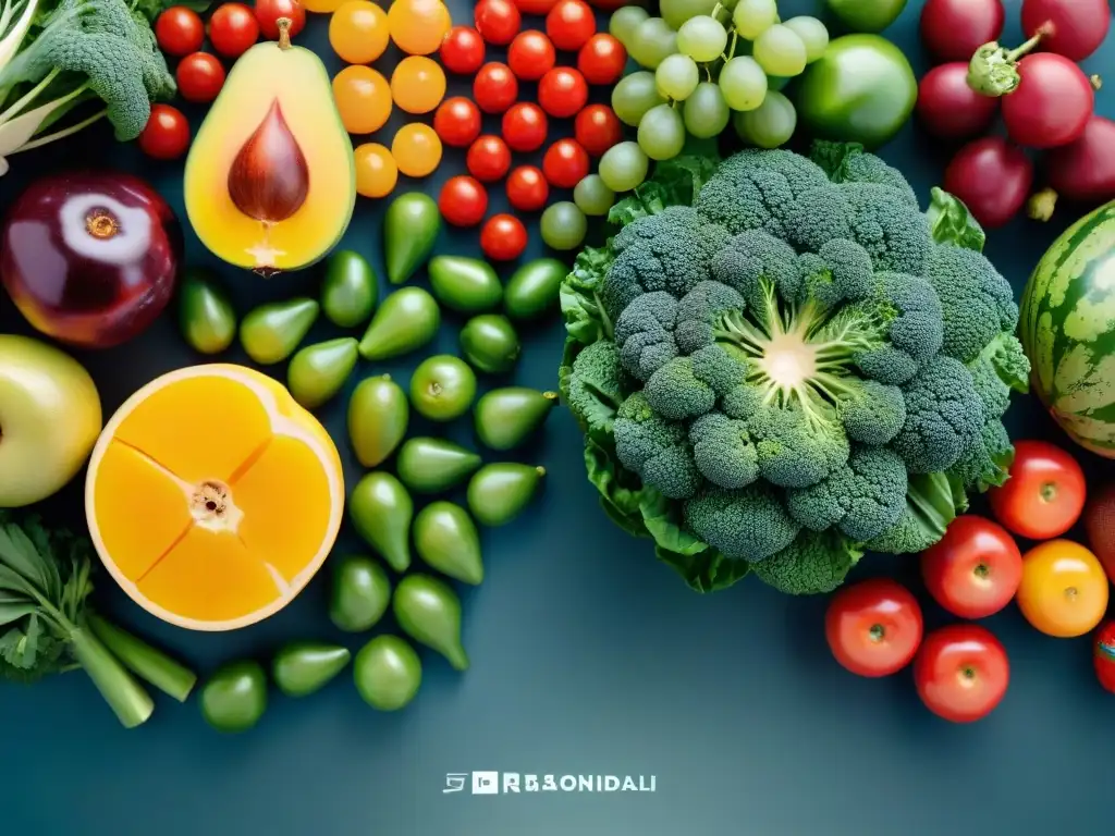 Una ilustración vibrante y moderna de frutas y verduras frescas, detalladas y coloridas, con gotas de agua brillando