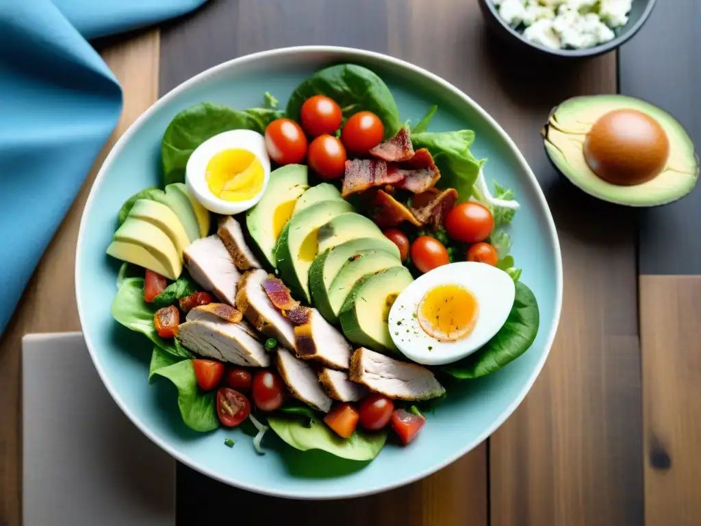 Un vibrante y moderno chivito saludable Uruguay en una elegante presentación de ensalada