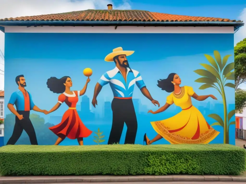 Un vibrante mural que preserva el patrimonio cultural de Uruguay, con arte callejero colorido y danzas tradicionales