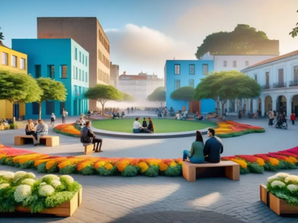 Un vibrante oasis urbano en Uruguay, donde personas de todas las edades disfrutan de actividades en una plaza llena de color y vida