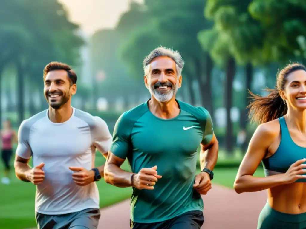 Un vibrante parque en Uruguay con personas de diversas edades y orígenes disfrutando de actividades saludables al aire libre