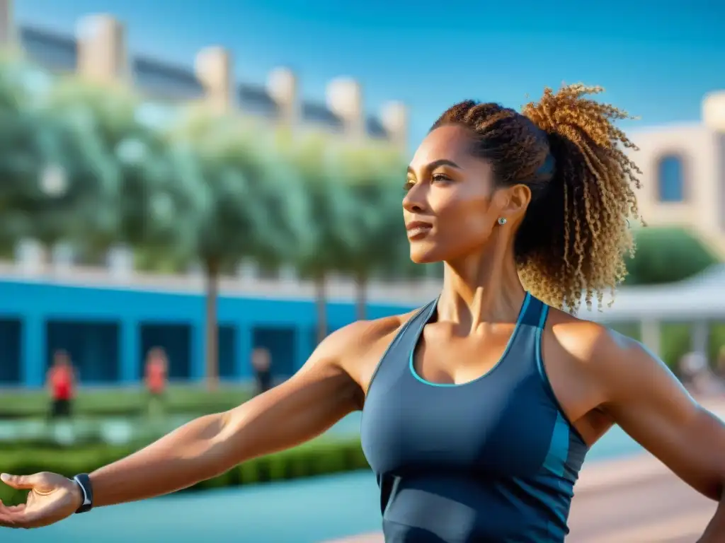 Un vibrante parque urbano, gente diversa practicando actividades físicas, con gadgets de monitoreo salud cardiovascular