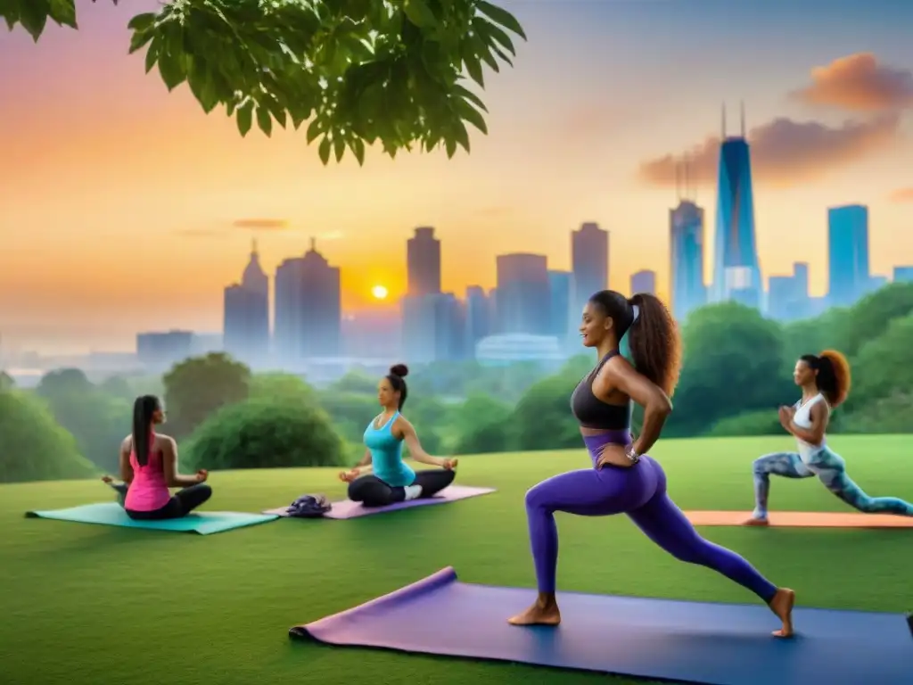 Un vibrante parque urbano donde personas de todas las edades y etnias disfrutan juntas de actividades saludables al atardecer