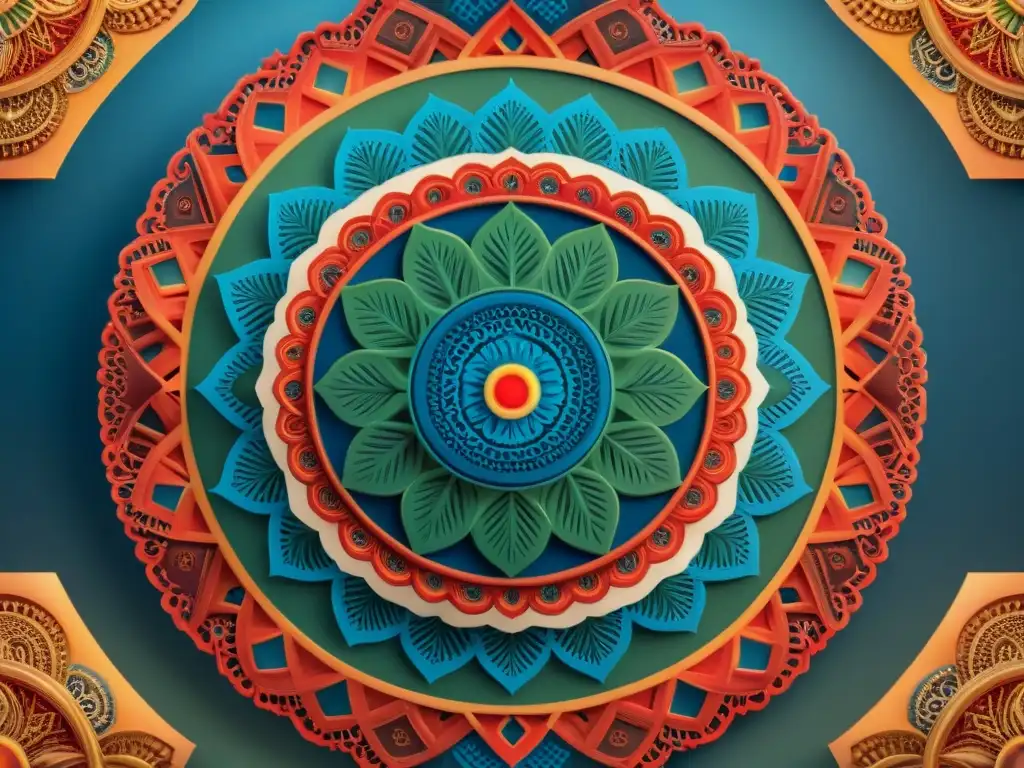 Mandala vibrante que combina patrones tradicionales uruguayos con formas geométricas modernas, simbolizando la armonía entre la herencia cultural y las técnicas contemporáneas para combatir el estrés