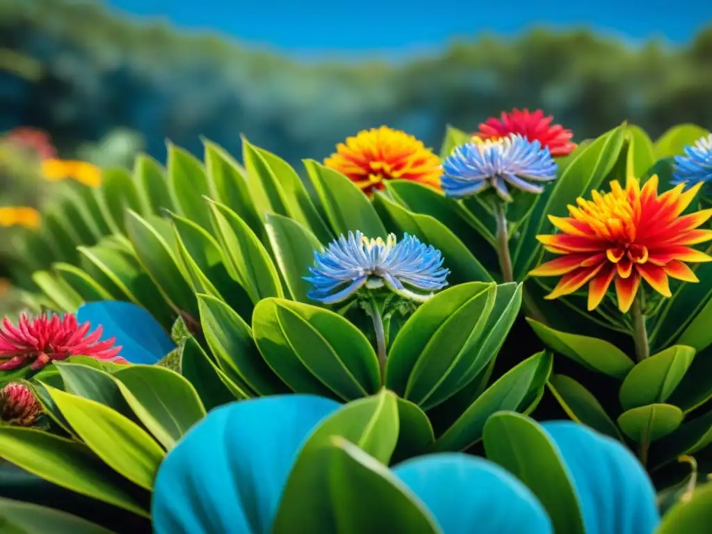 Un jardín botánico vibrante en Uruguay, mostrando plantas nativas y flores coloridas bajo el sol