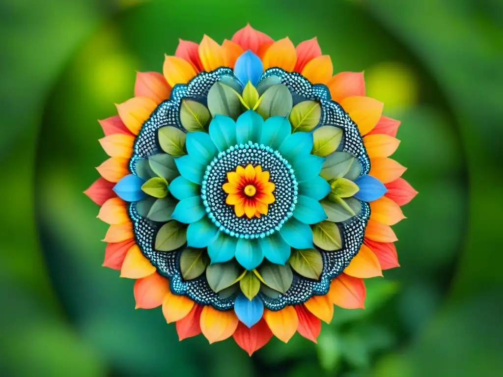 Mandala vibrante rodeado de naturaleza exuberante, simbolizando autoayuda en Uruguay