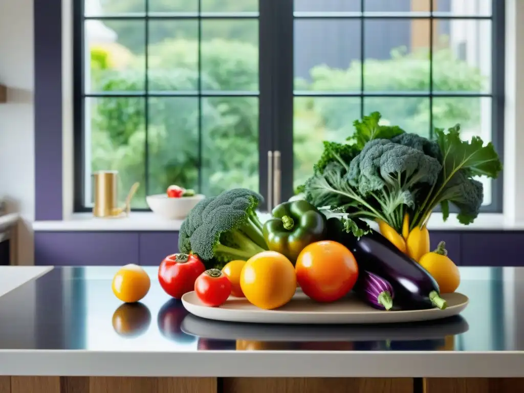 Una vibrante selección de frutas y verduras frescas en una cocina moderna