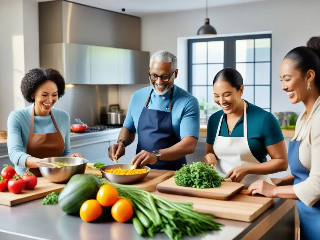 Un vibrante taller de cocina comunitario, enfocado en la alimentación saludable, con participantes de todas las edades y orígenes