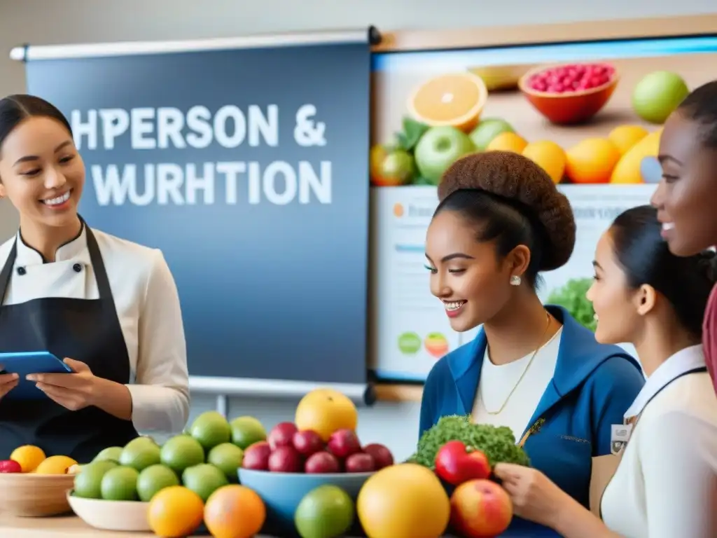 Un vibrante taller de nutrición con estudiantes diversos participando en actividades educativas