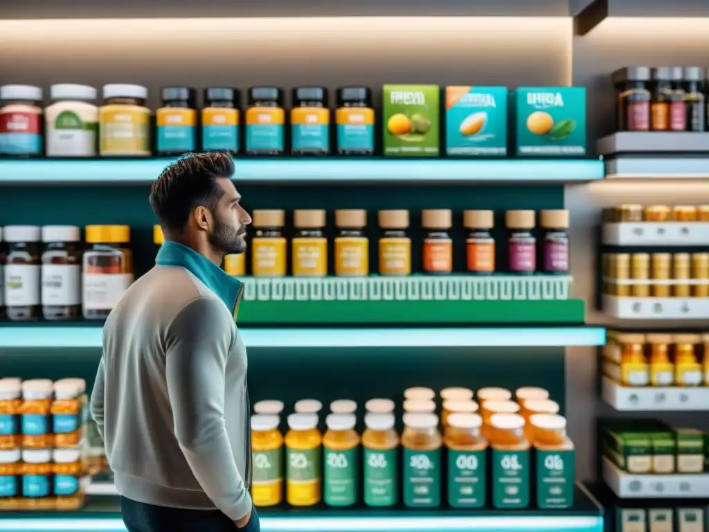 Una vibrante tienda de alimentos saludables en Uruguay, donde los clientes exploran suplementos naturales y sintéticos