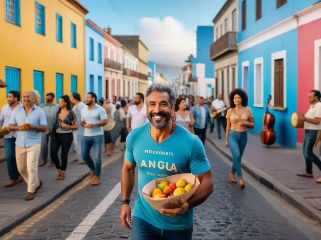 Vibrante calle uruguaya: integración de migrantes y lugareños con murales coloridos, música global y comida tradicional