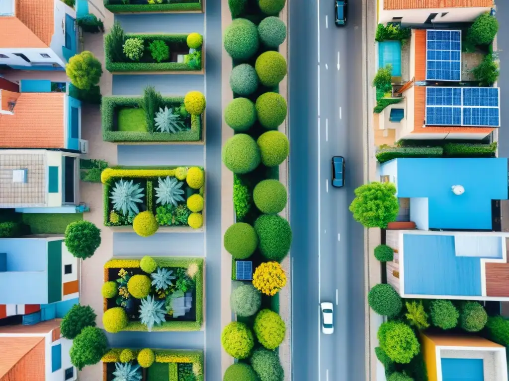 Vibrante vecindario uruguayo con estilo de vida verde en Uruguay: techos verdes, paneles solares, ciclovías y parques comunitarios